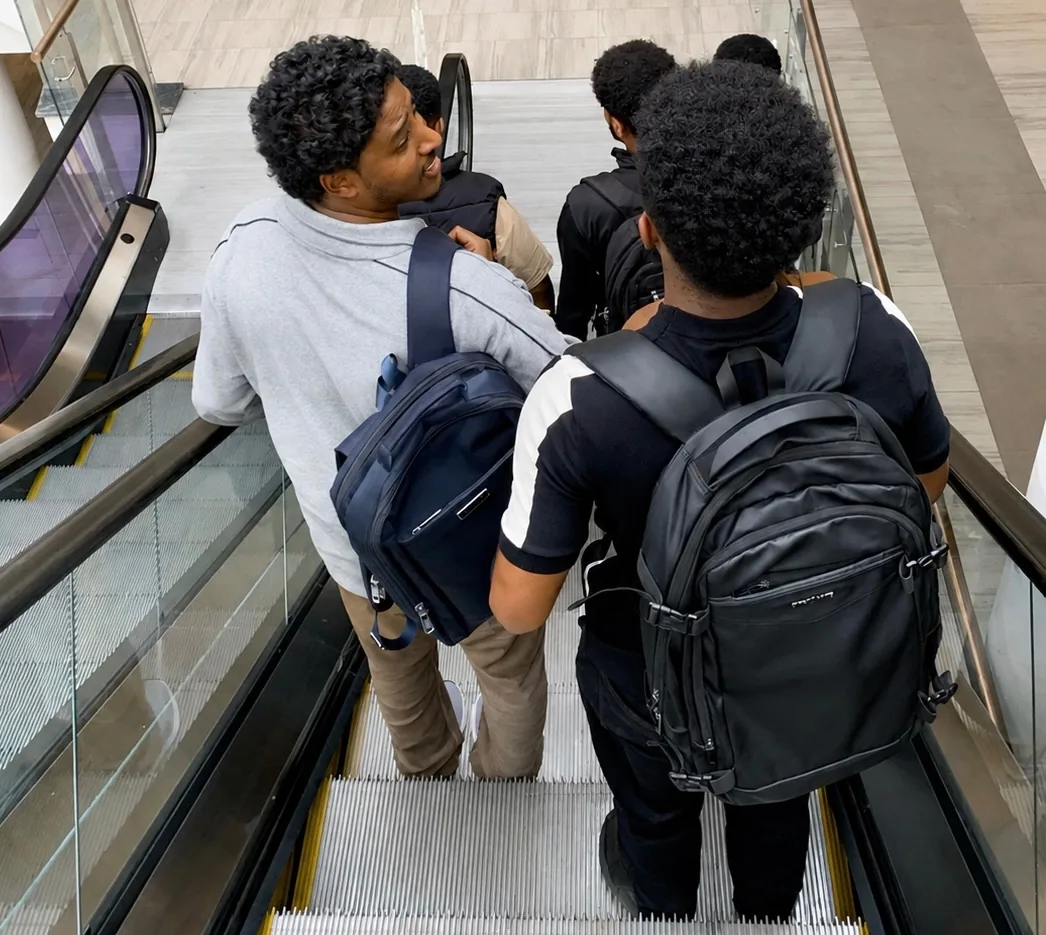 Young students walking down on an escalator.
